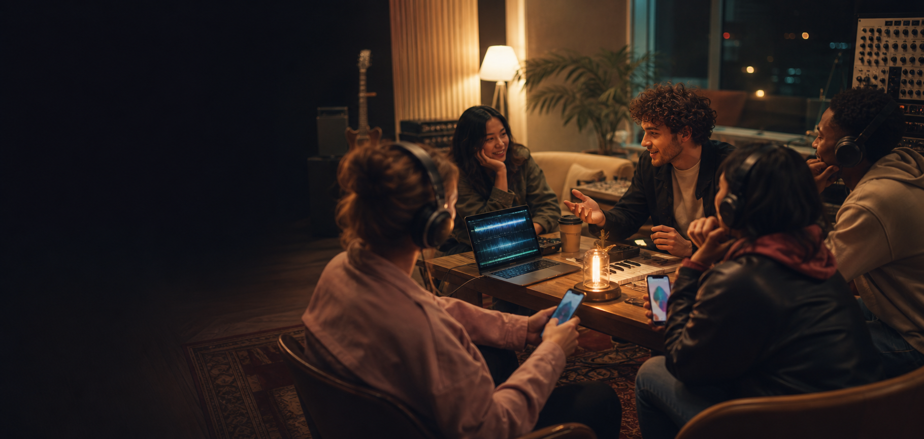 An artist sharing new music with a small group of listeners